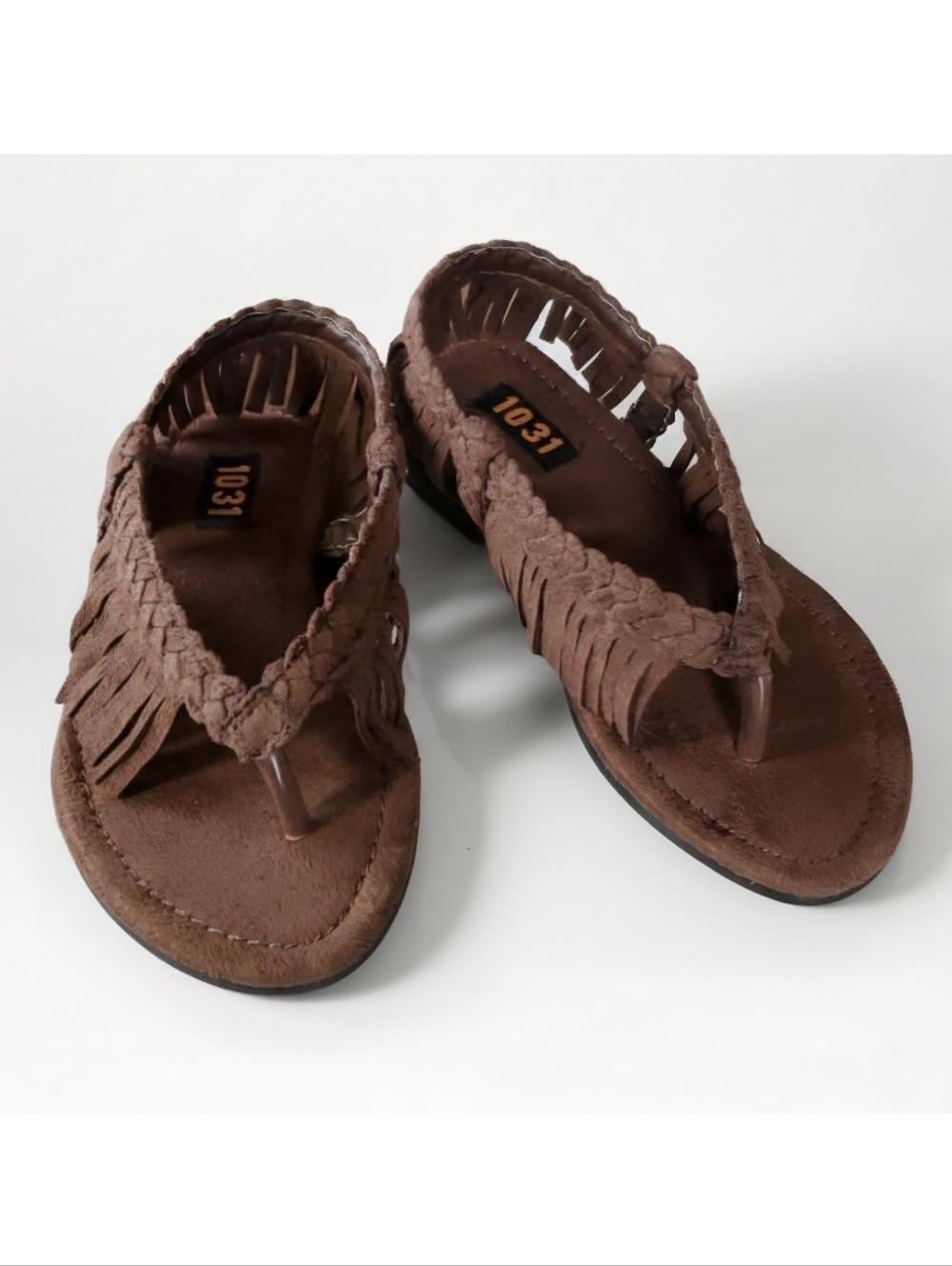 1031 Big Kids 1 NEW Sandals Brown Faux Suede Fringe Ankle Strap Flip Flops